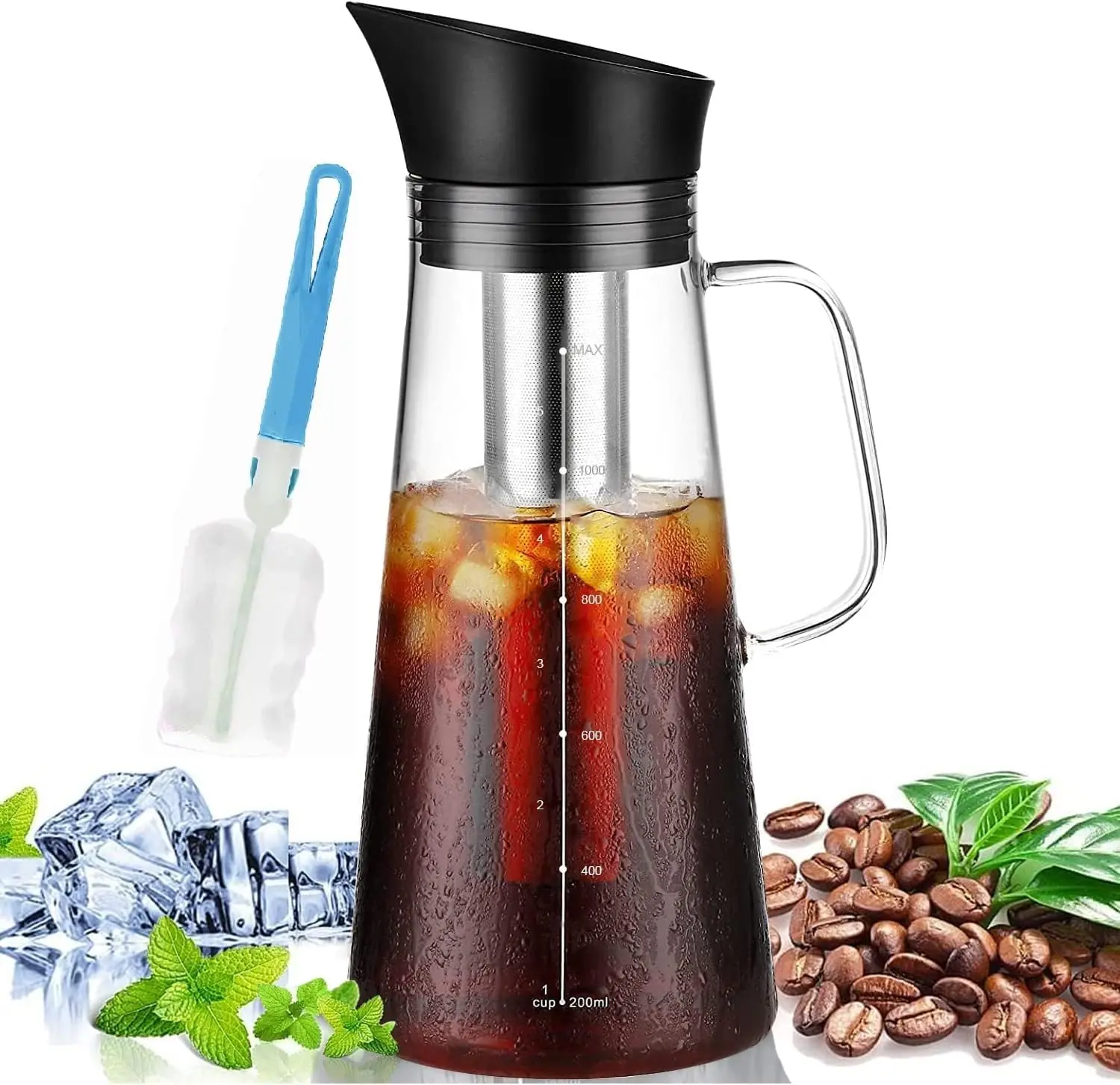Cafetera de 1.2L para Café Frío, Infusor de Vidrio Premium con Filtro de Acero Inoxidable y Cepillo de Limpieza