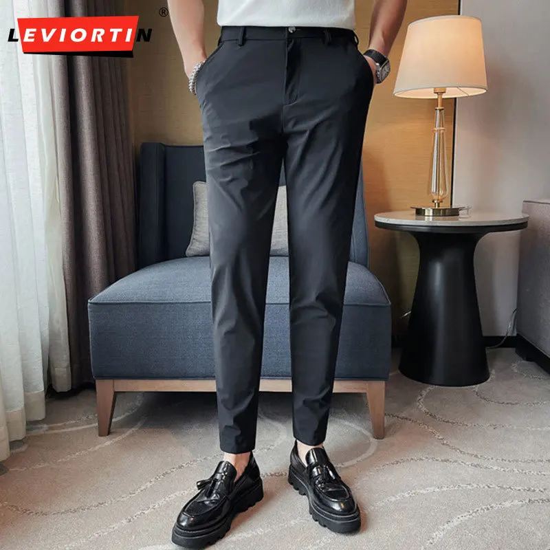 

Men's Summer Ice Silk Casual Suit Pants/Men's Slim Fit High Quality Elastic Suit Pants Trend Fashion Cool Casual Cropped Pants