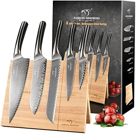 

Kitchen Knife Set, 6-Piece Damascus Steel VG10 Kitchen Knife Set with Wood Knife Holder Block Professional Chef's Knife wi