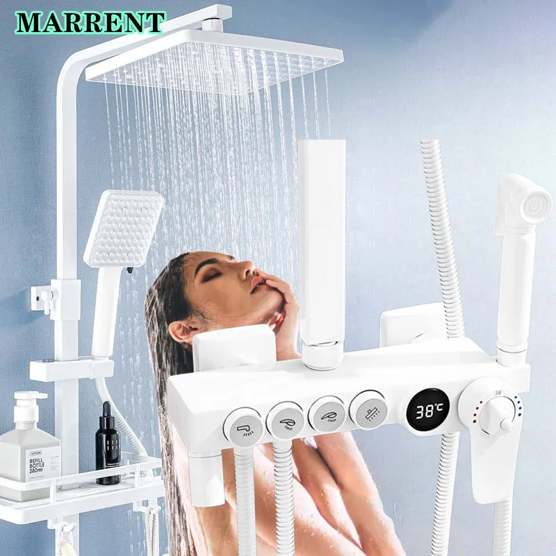 Led Digital Shower Set Hot Cold White Bathroom Mixer Tap Faucets