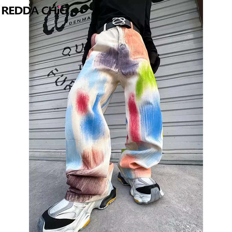 

ReddaChic Retro Y2k Graphic Baggy Jeans for Men Hiphop Loose Casual Graffiti Printing Wide Leg Pants Korean Harajuku Streetwear