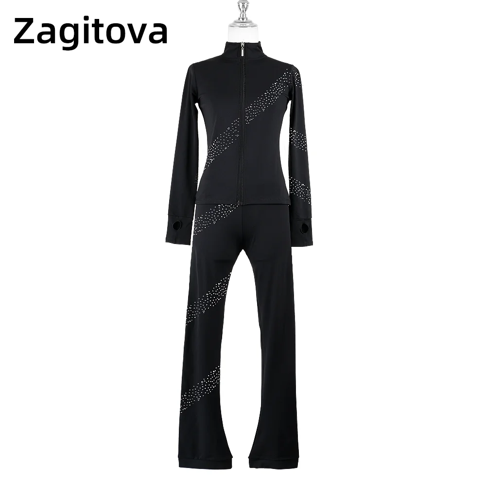 

Elastic Figure Skating Training Suit Girl Adult Top Jacket Pants Suit Roller Skating Black Practice Entangled Diamonds