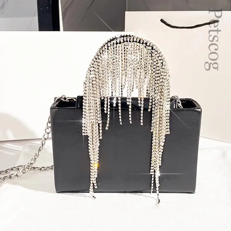 

Shiny Rhinestone Bag Luxury Designer Handbags 2023 Women Crystal Tassel Purse Lady Black Mini Tote Chain Strap Evening Bags