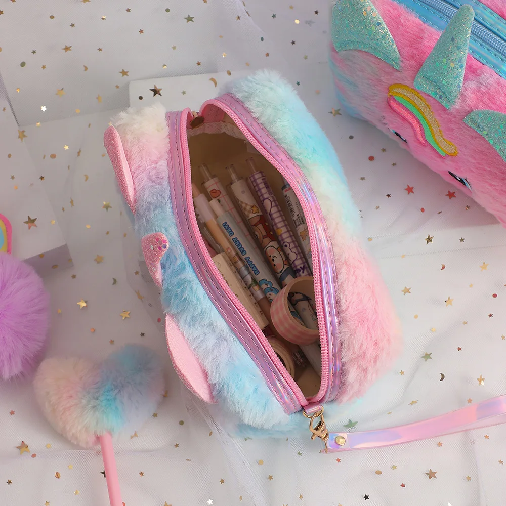 New Fur Plush Unicorn Cosmetic Bag for Women Plush Girl Makeup Bag Female Beauty Case Travel Portable Toiletry Makeup Case Bag 5