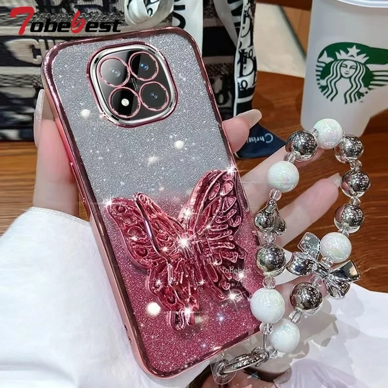 Glitter Plating 3D Butterfly Phone Case with Bead Bracelet Holder