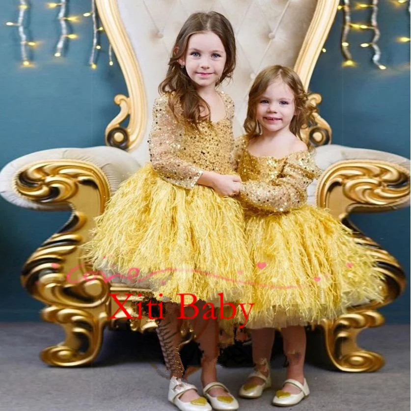 

Luxurious Feather Flower Girl Dresses Golden Ball Gown Birthday Party Dress for Girls Tiered Puffy Glitter Kids Pageant Gown