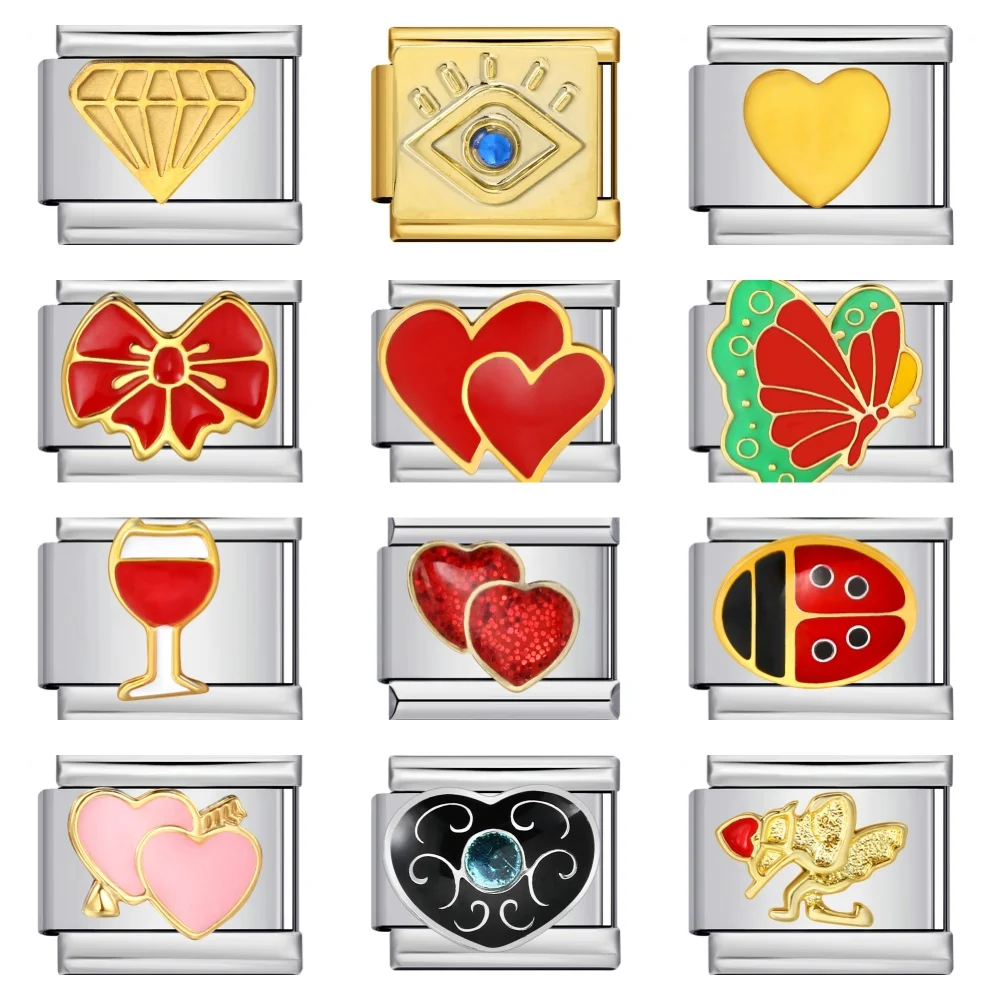 Elegante goldfarbene Zwei-Herz-Weingläser, Amor, italienische Link-Charms, passend für 9 mm Edelstahl-Schmuck-Design-Armbänder, DIY-Herstellung