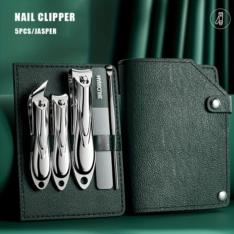 5-in-1 Professional Stainless Steel Nail Clipper Kit, Concave Blade Edge, Oblique Clippers, Nail File