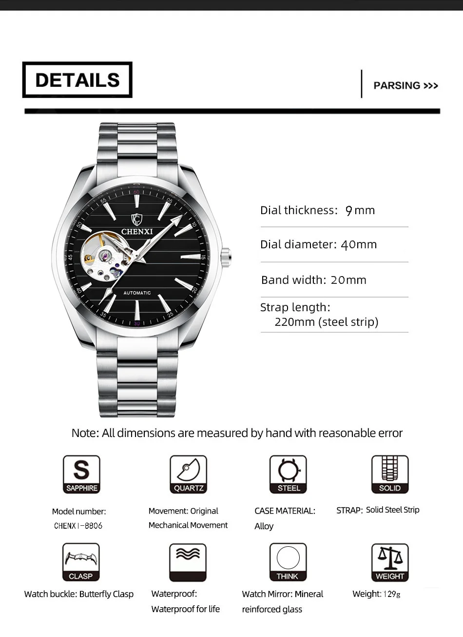 Luxus Mode Mechanische Automatische Armbanduhren Für Männer Hohe Qualität Edelstahl Wasserdicht Leuchtende Herren Uhr – Detail 6