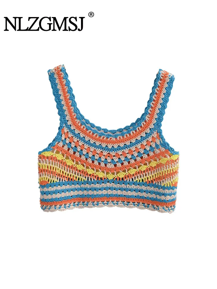 

Летние женские укороченные топы Nlzgmsj TRAF 2023 в стиле ретро, ручная работа, вырезанные крючком цветные полосатые майки