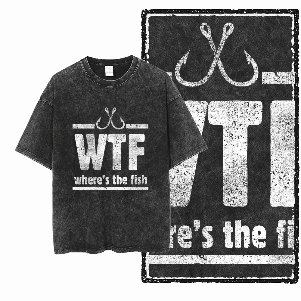 YB FISHING THEME Acid Washed Graphic Unisex Cotton T-Shirt - Cool Streetwear, Big Size
