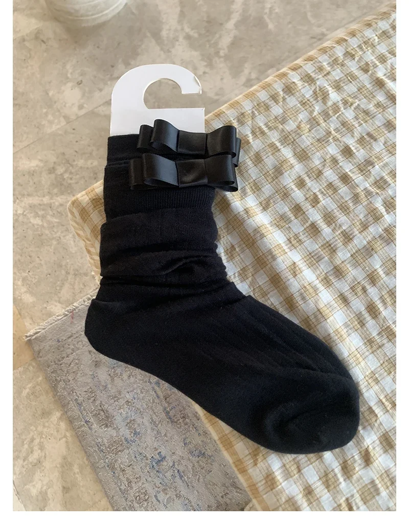 Three Colors Gray Vertical Stripe Thin Slimming All-Match Bow Model Style Mid-Calf Length Loose Socks
