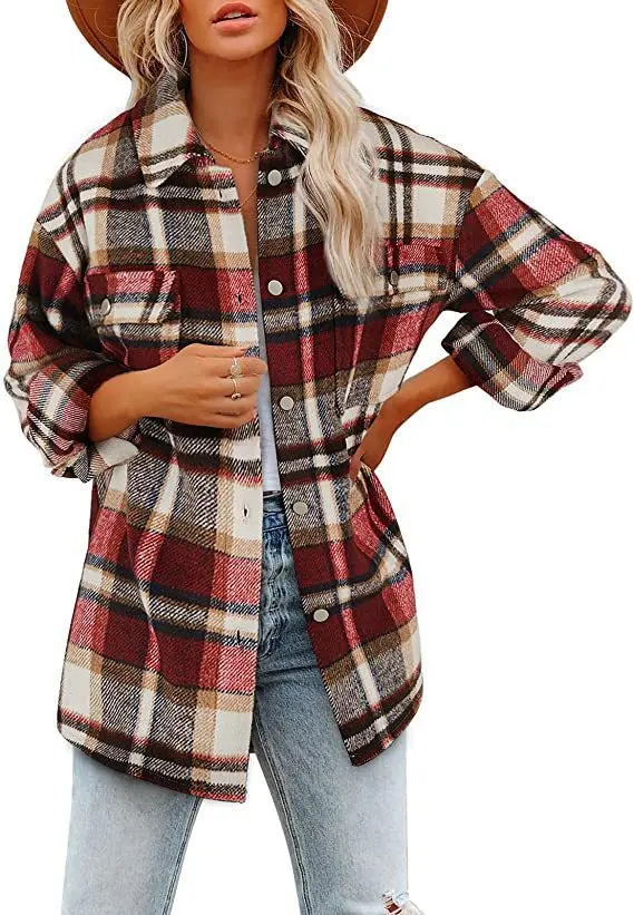 Fashion Long-sleeved Loose Plaid Shirt Woolen Coat Women\'s Autumn Winter Thickening Casual Loose Pocket Shirt Coat Top Women