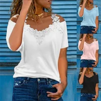 Chemise en dentelle à manches courtes pour femmes, t-shirt décontracté à col en V pour dames, évider les épaules, fronde, pull élégant, haut d'été sexy 1