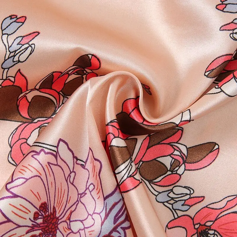 Women's Long Sleeved Long Pants Pajama Set with Simulated Silk Satin Surface Home Clothing, Satin and Floral Prints