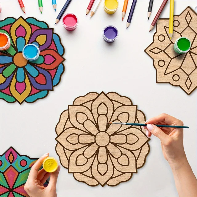 8pcs Unfinished Mandala Coloring Wooden Art Painting DIY Kit, Creative Craft Doodle Tool Kit, High-Quality Materials,Clear Lines 1