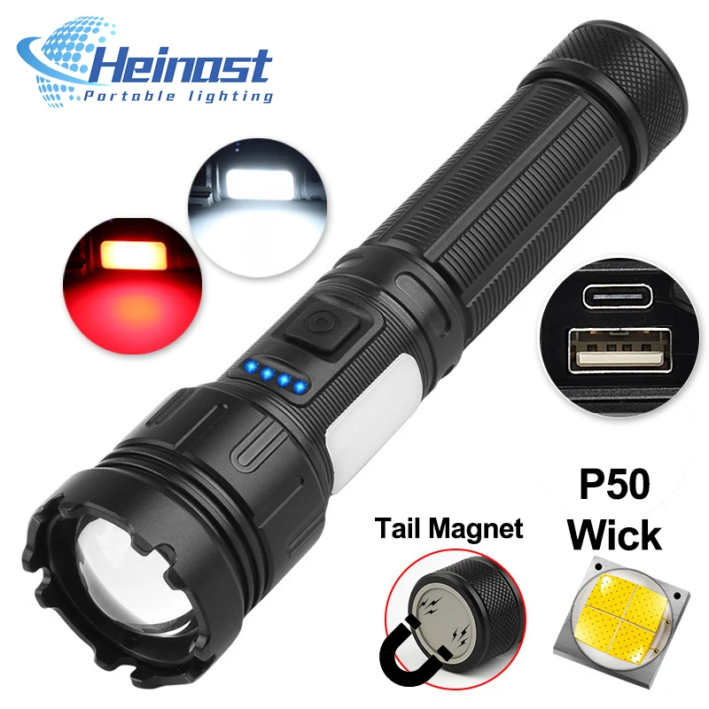 

4 Core Led Flashlight Multifunctional XHP50 Torch Usb-C Rechargeable Lighting Zoomable Lantern with Side Light Power Bank 1200mA