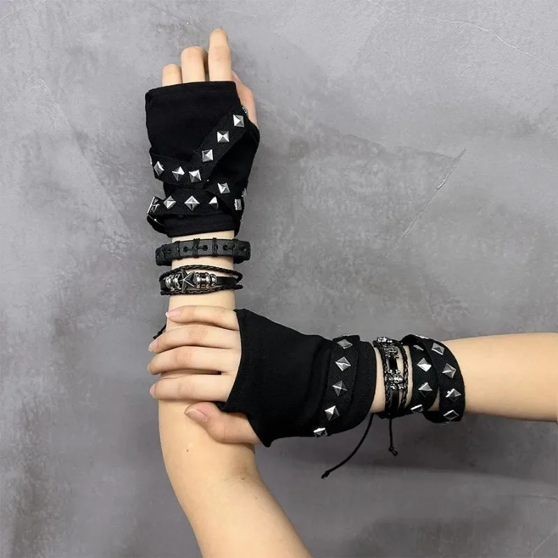 Harajuku Y2k Women Black Punk Rivet Streetwear Gloves Cool Rope Cross Fingerless Gloves Punk Gothic Short Arm Warmer Outdoors