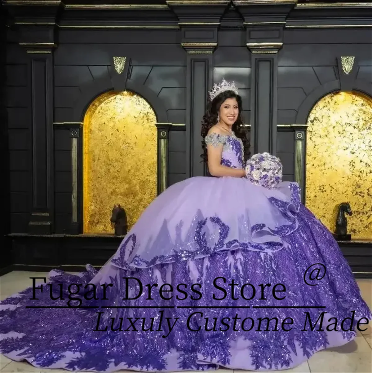 Luxuly Purple Fashion Quinceanera Shiny Dresses Lace Appliques Beads Mexican Sweet 16 Ball Gown Vestidos Butantes 15 Anos