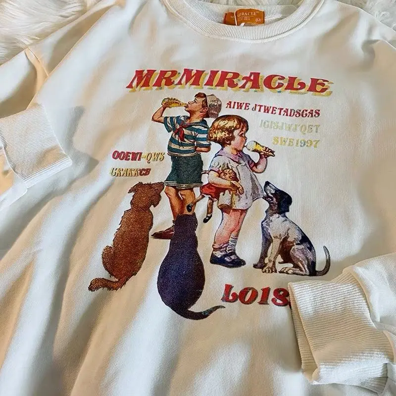 

American Vintage Design Cartoon Boy Print Loose Sweatshirt Women Round Neck Pullovers Couples Oversize Hoodies All-match Spring