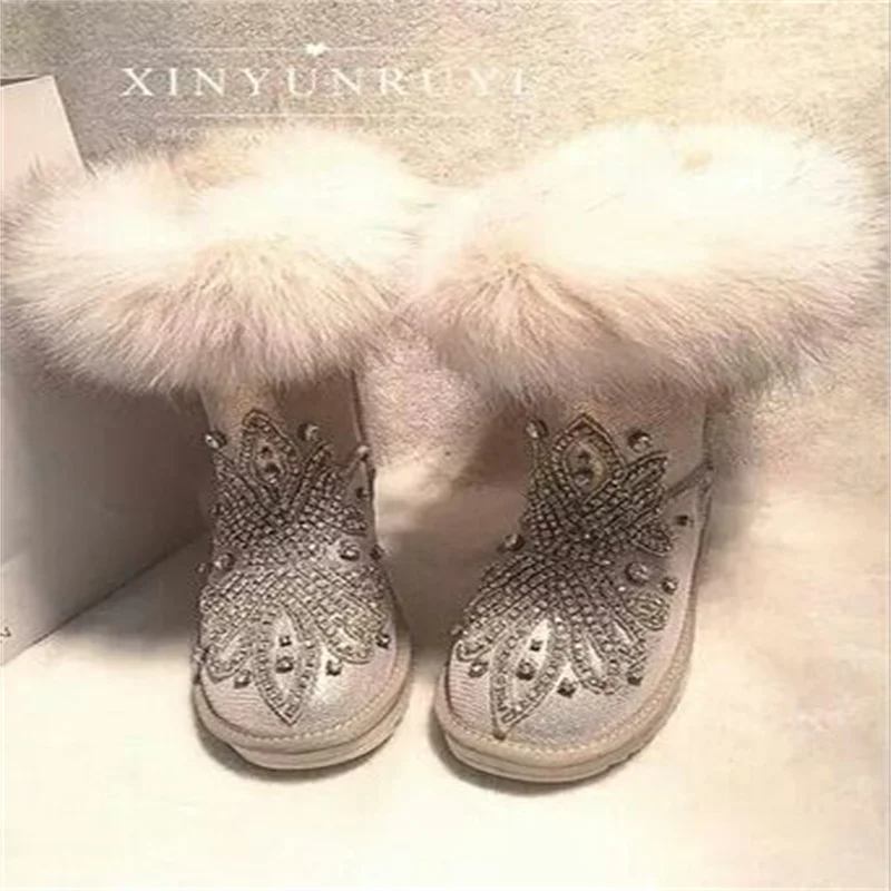 

Winter plus fleece warm hand custom fur one body boots fox hair everything diamond boots women's large size 35-44