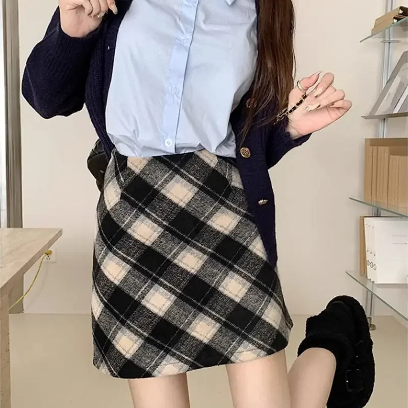 여성용 컬러 블로킹 체크 무늬 미니 원피스, 슬리밍 스커트, 모직 A라인 힙 패키지 스커트, 가을 용수철