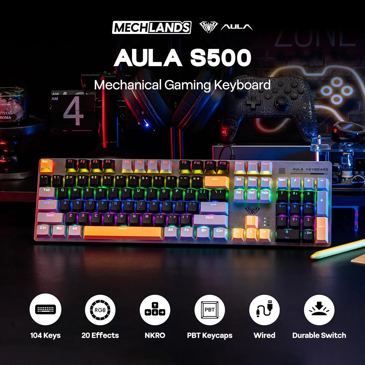 AULA S500 100% 레이아웃 유선 기계식 게이밍 키보드 104키 인체공학적 RGB 백라이트 PBT 키캡 PC e스포츠 게이머용