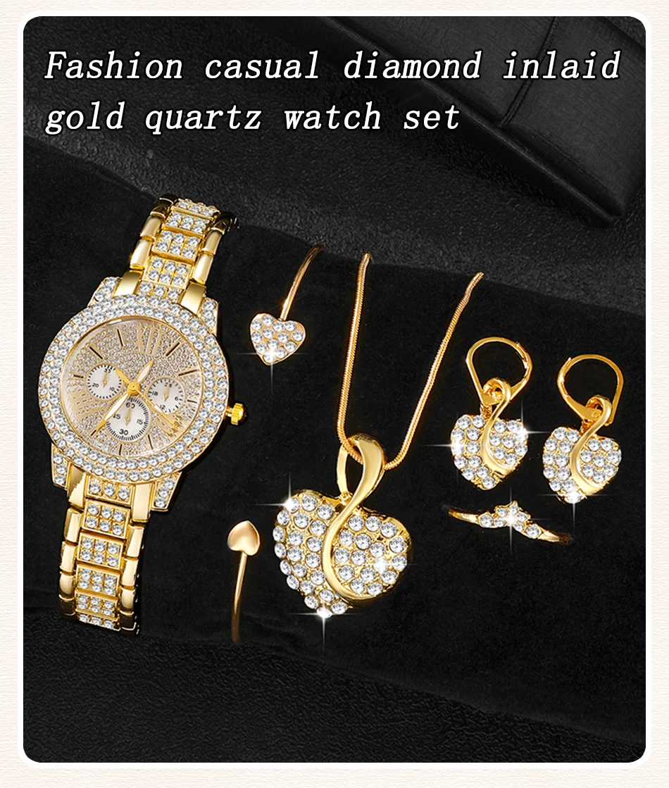 Damen Quarzuhr Gold Luxus Damen Ring Halskette Ohrring Strass Mode Armbanduhr lässig Damen Uhren Schmuck Set – Detail 1