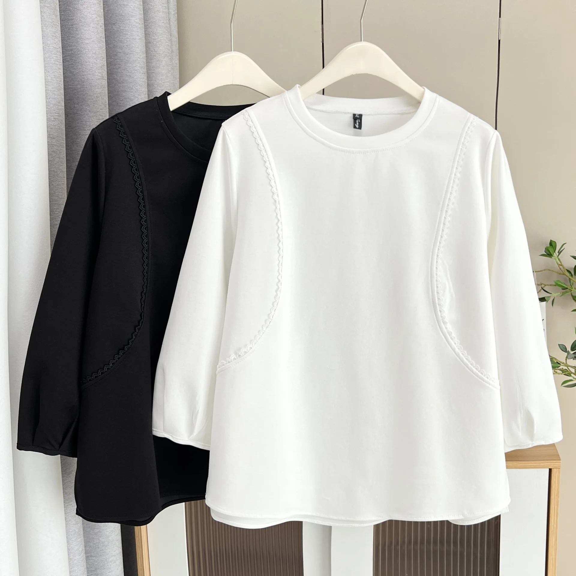 Fashion Plus Size Women's T-Shirt New Autumn Style Simple Lace Patchwork Long Sleeve Tops 629