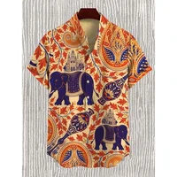 Ethnic Tribal Pattern Elephants and Leaves Printing Short Sleeve Shirt Cool Blouses Summer Stand Collar Shirts Men Hawaiian Tops 1