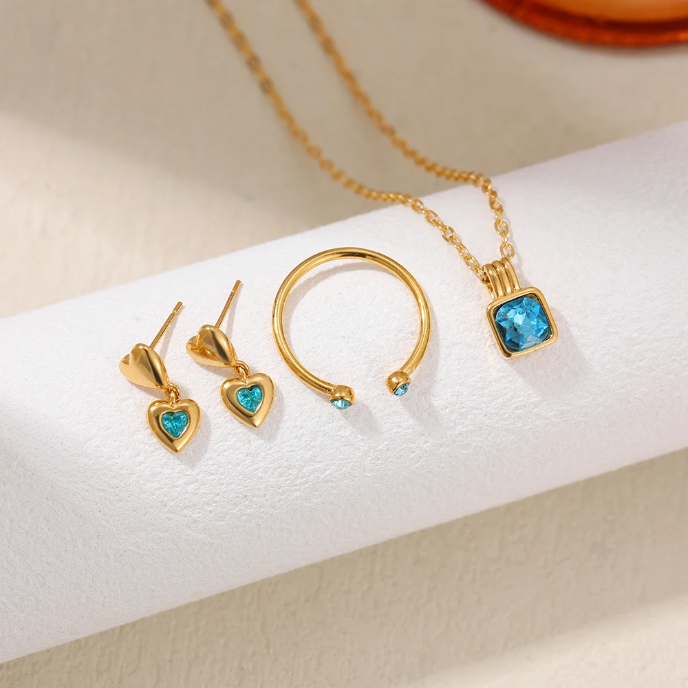 Delicate Blue Crystal Jewelry Set Double Love Heart Stud Earrings Square Zircon Necklace Gold Color Wedding Rings Jewellery Gift