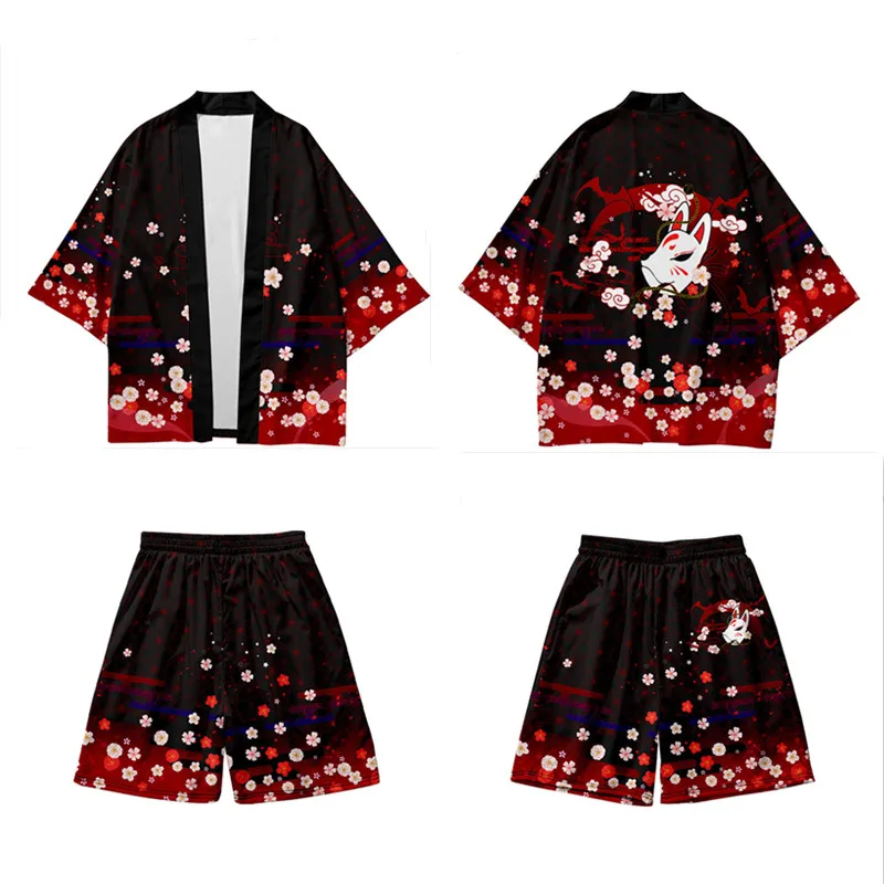 Kanagawa Wave Dragon Print Kimono Shorts Sets Two-piece Suit Yukata Japanese Cardigan Women Men Harajuku Cosplay Loose Haori