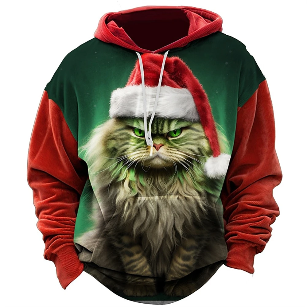 

Christmas Santa'S Cat Mens Graphic Hoodie Prints Daily Classic Casual 3D Pullover Holiday Going Out Hoodies