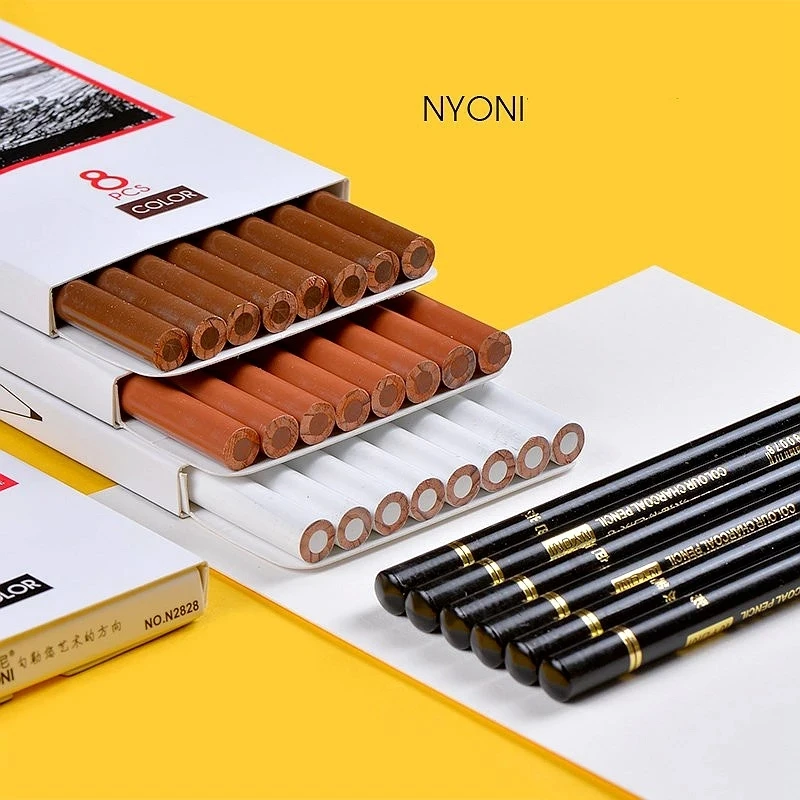 NYONI  Colored Charcoal Sketch Pencils Professional White/Brown Carbon Pencil For Sketching Drawing Tool Art Supplies