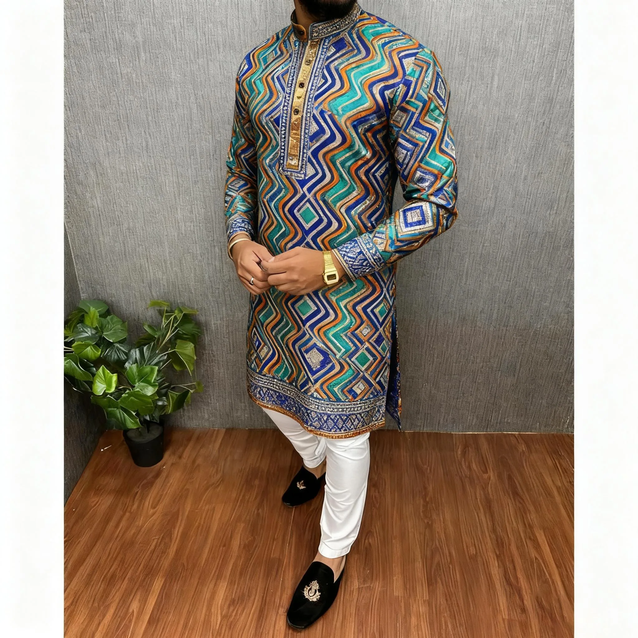 Men Islamic Arabic Abaya Robe Ethnic Print Stand Collar Youth Mid-length Shirt Luxury Coat Moslim Kleding Vestiti Musulmani Uomo