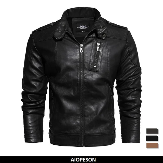 AIOPESON Men's PU Leather Jacket Solid Color Slim Fit Zipper Jacket Male Stand Collar Streetwear Male Leather Jacket Autumn 1
