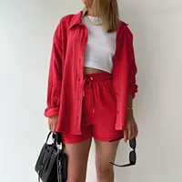 Summer Cotton Linen High Waist Shirt Shorts Women Turn Down Collar Long Sleeve Tops and Shorts Suit Cotton Casual Two Piece Sets - Image 3