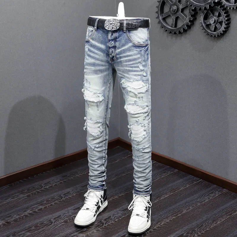 

Street Fashion Men Jeans Retro Blue Stretch Skinny Fit Hole Ripped Jeans Men White Leather Patched Designer Hip Hop Brand Pants