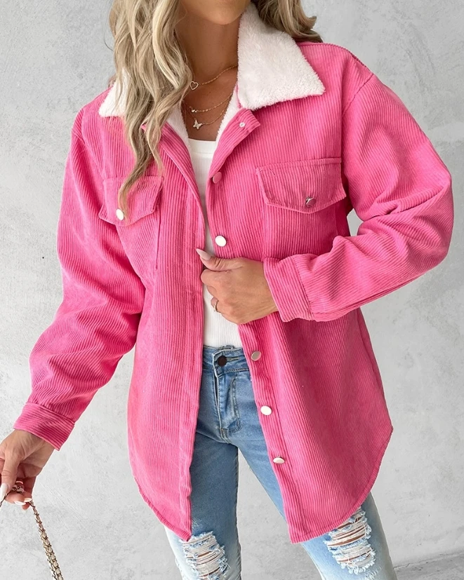 Jackets for Women 2023 Autumn Button Pocket Design Fleece Lined Corduroy Plain Casual Turn-Down Collar Long Sleeve Daily Shacket multi color tang coat fleece lined warm autumn and winter hanfu round neck gown coat