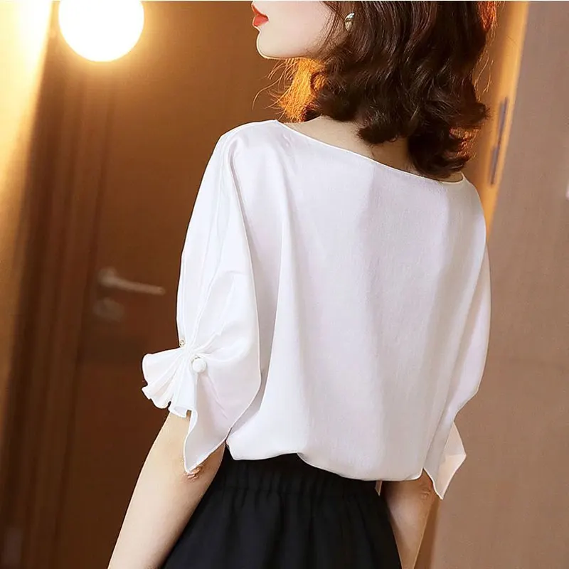Women's Elegant Satin Blouse - Chic Casual Summer Shirring with Three-Dimensional Decoration