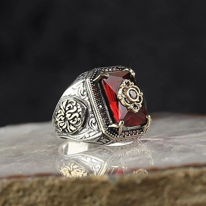 Retro Handmade Turkish Signet Ring for Men Women Ancient Silver Color Carved Eagle Ring Inlaid Red Zircon Punk Motor Biker Ring - Image 3