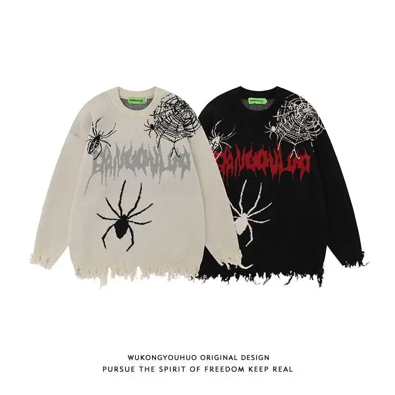 

Harajuku Spider Graffiti Black Sweater Men's Autumn Winter Design Niche Destructive Style Loose Couple Casual Sweaters Female