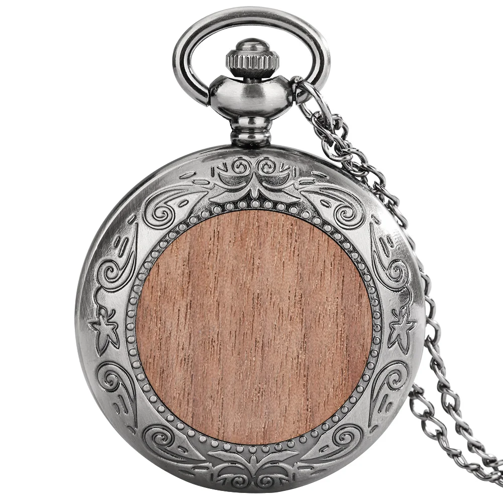 Walnut/Beech Wood Slice Decor Quartz Pocket Watch Grey Black Alloy Metal Watch Case Arabic Numerals Dial Pendant Necklace Watch