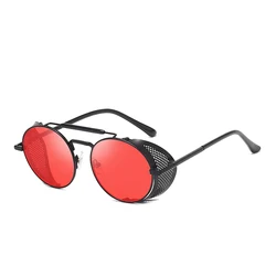 Vintage Retro Steampunk Round Metal Sunglasses (Black Red)