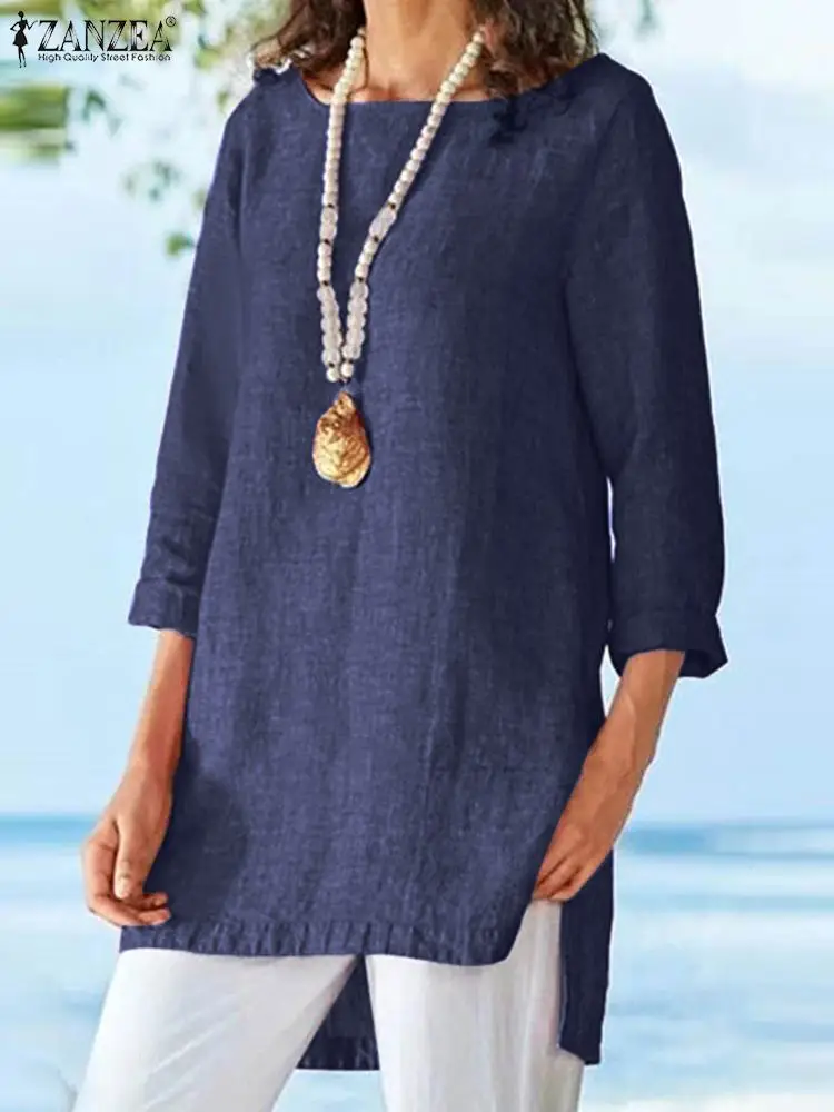 2023 ZANZEA Oversize Women Solid Shirt High Low O Neck 3/4 Sleeve Blouse Casual Loose Vintage Tops Holiday Spring Blusas Chemise