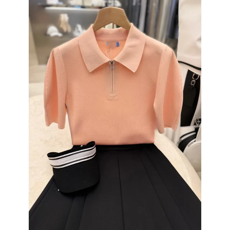 

2024 Summer New Golf Clothing Women Fashion Age Reducing Fit Knitted Polo Neck Short Sleeve Golf T Shirt