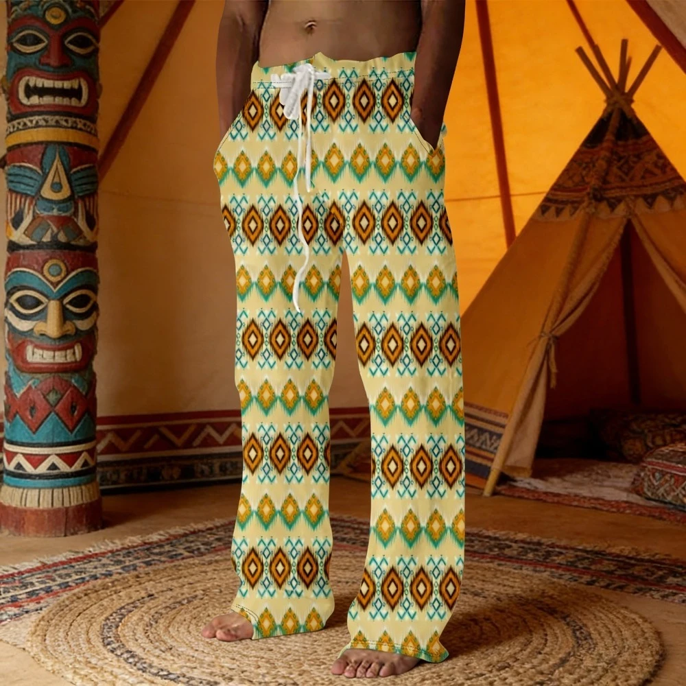 Buntes Stammesmuster, Boho-Herren-Palazzo-Hose, schicke Loungewear, elastischer Taillen-Kordelzug für Strandfestivals, Rave-Outfits