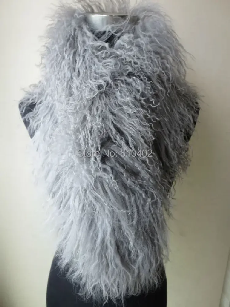 Women's 100% Real Mongolia Lamb Fur Cape whole-skin fur Scarf  with clip Gray