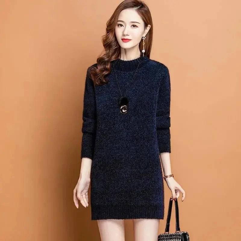 여성용 하프 터틀넥 인조 밍크 스웨터, 두꺼운 보터밍 셔츠 스웨터, 원피스 여성용 니트 풀오버, 2025 가을 겨울 신상