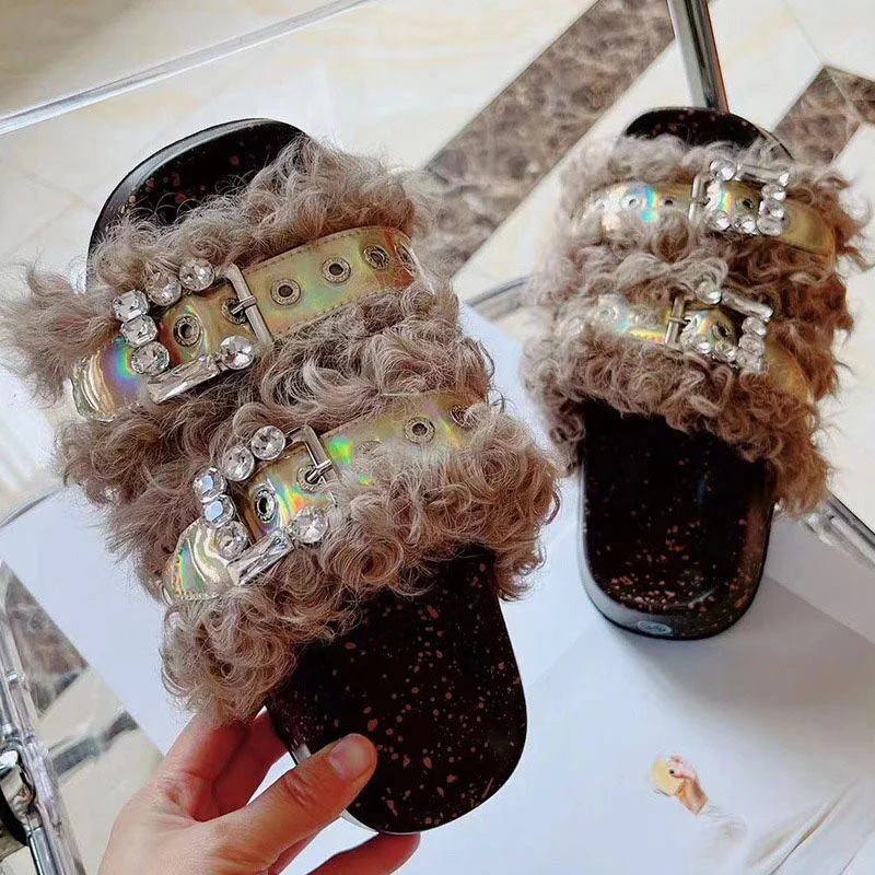 Autumn European Station New Women's Casual Slippers Korean Version Of The Trend Wool Rhinestone Home Fashion Fur Sandals 2023